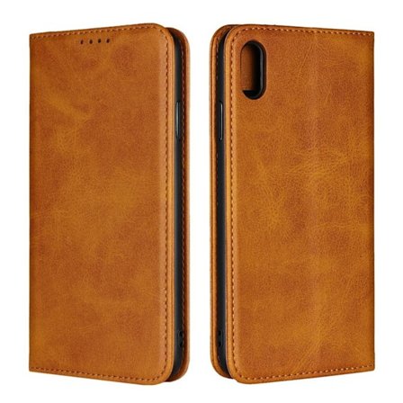 iPhone Xs Max plånboks mobilfodral av syntet läder med inbyggt magnet lås - Brun
