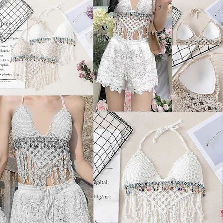 Ny Mode Hæklet Sommer Strand Hul Strikket Kort Kvast Top