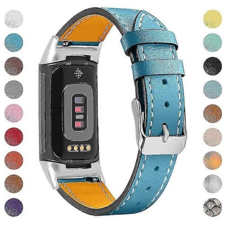 Premium Äkta Läder Justerbart Armband för Fitbit Charge 6/5 - Perfekt Blå