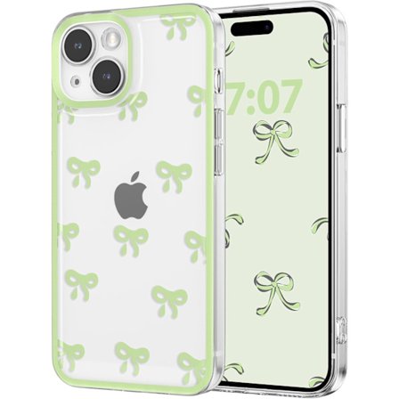 iPhone 15 Deksel, Klar Søt Sløyfe Knute Mønster Estetisk Transparent Telefondeksel Hevet Kamerabeskyttelse Stilig Slim-Grønn