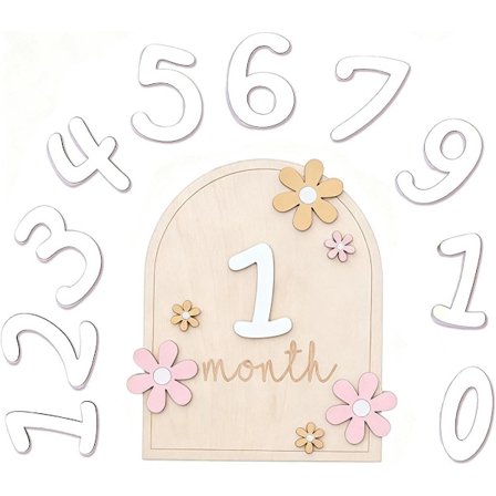 Træmilepæle til babyer fra 0-12 måneder med klæbepunkter og blomsterdesign Dobbeltsidede månedlige markørkort til fotoshoots og babyshower