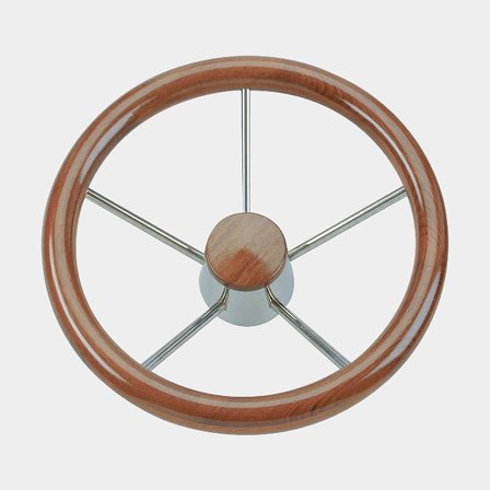 Powerboat steering wheel Savoretti Armando T4C, stainless steel & teak, Ø350 mm, with hub, fits 3/4′′ (19 mm) steering shaft, chrome/wood
