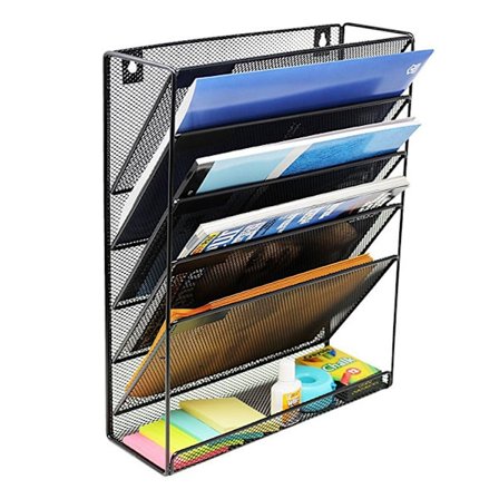 5 lommer mesh vægfilholder hængende skrivebordsfilmappe magasin stativ post sorteringsbeholder navneskilt inkluderet