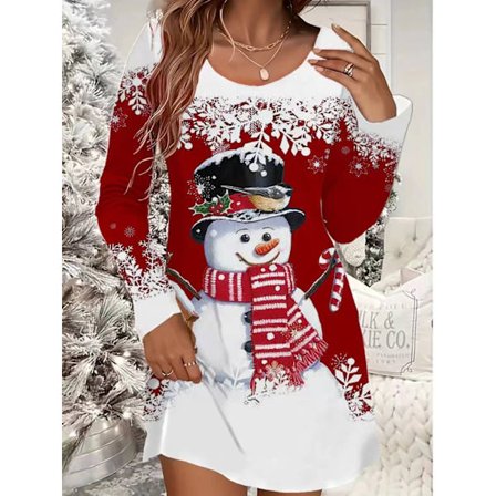 Julekjole for kvinner, avslappet, med snøfnugg- og juletreprint, lange ermer, rund hals, lett elastisk