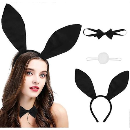 Bunny Ears Cosplay Kostymesett Søte Sexy Kaninører Hårbøyler Sløyfe Hale Kanintilbehør for Kvinner Voksne Barn Halloweenfest, Svart