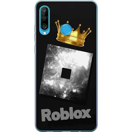 Kompatibel Mobilcover til Huawei Huawei P30 lite Minimalistisk sort og sølvfarvet Roblox-symbol med gylden krone og luksuriøs gamer-æstetik på mø