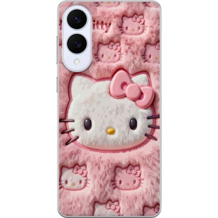 Kompatibelt Mobildeksel til Samsung Galaxy S25 Edge Hello Kitty rosa fluffy bakgrunn med ikoniskt ansikt og kawaii-estetikk