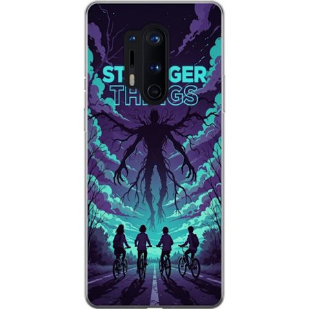 Yhteensopiva Puhelinkuori OnePlus OnePlus 8 Pro Stranger Things -inspiroitunut fantasiaillustraatio, jossa on tumma hirviö, pyöräilevät lapset ja