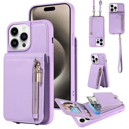 For Iphone 15 Pro deksel fallsikkert Pu+tpu Kickstand glidelås lommebok telefonbeskytter Purple
