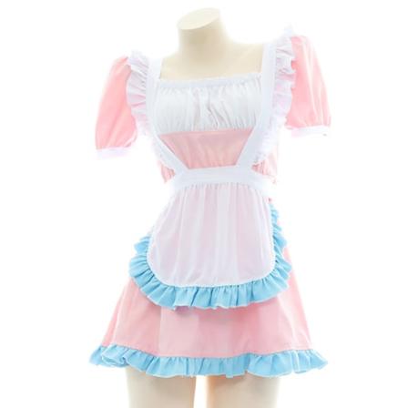 Maid-asu seksikäs Lolita Cosplay-asu Yhtenäinen sininen vaaleanpunainen valkoinen Puff-tyyli mekko Eksoottinen kiusaus Yöpaita naisille Ins