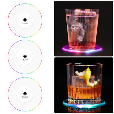 3 stk. Akryl Krystal LED Glow Coasters Bar Cocktail Bright Gli
