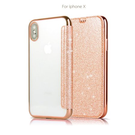 Kotelo iPhone 15 6.1:lle, ruusukultainen galvanoidulla PU-glitter-nahalla ja korttipaikalla