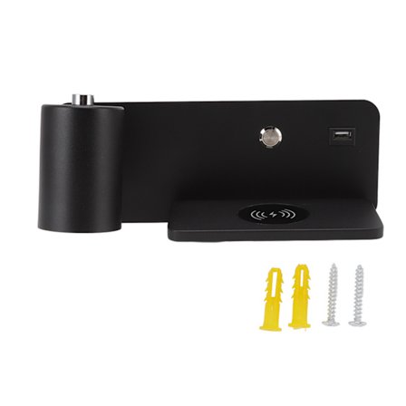 LED-vägglampa USB-gränssnitt Trådlös laddning LED-vägglampa för sovrum i vardagsrummet 85–265 V Svart Vänster