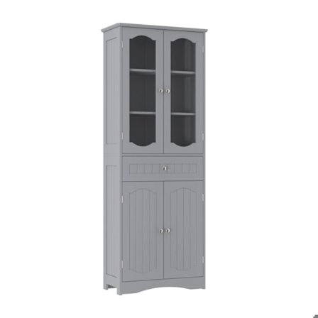 COSTWAY Badeværelse Højskab med 4 Døre 1 Skuffe, 2 Justerbare Hylder, Badeværelse, Køkken, 60x30x160 cm Grå