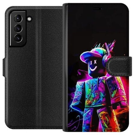 Kompatibel Tegnebogsetui til Samsung Samsung Galaxy S21+ 5G Farverig Roblox-spiller i neonfarver mod sort baggrund i moderne gamingstil