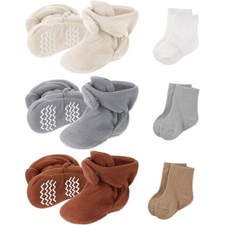 INIOR 3-pack unisex mysiga fleece babyskor med 3-pack bomullsstrumpor för spädbarn
