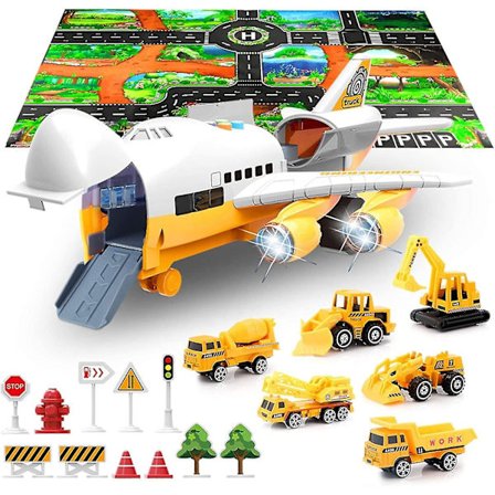 Stort leksaksflygplan med 6 byggbilar, utan lekmatta