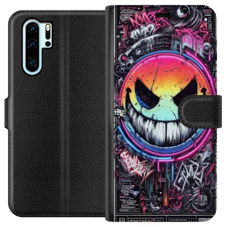 Kompatibelt Plånboksfodral till Huawei Huawei P30 Pro Cyberpunk smiley med neonfärger, graffiti och futurisk techstil, edgy digital konst för gamer