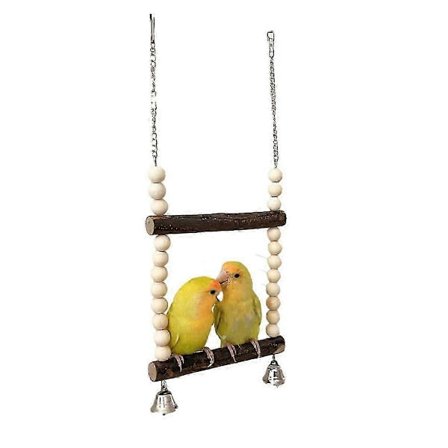 Fuglehuske i tre for to små fugler med bjelleleke, hengende sittepinne for bur