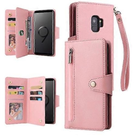 Læderetui med nitter og spænde til Samsung Galaxy S9, plads til 9 kort, tre flapper Rose Gold