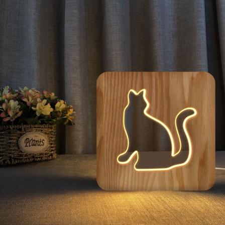 Valaisin Yövalo Lemmikille Kissa Puinen 3D Lamppu Luova Puinen Valot Yksinkertainen Koristevalot 3D Puuleikkauskuvio LED Yövalo Pöydälle