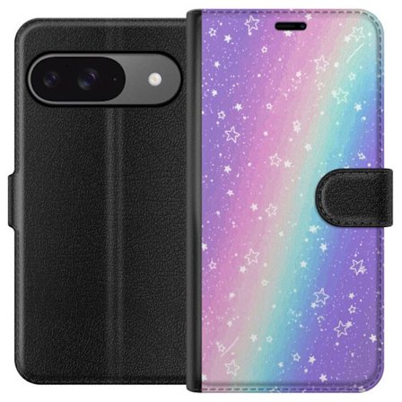Kompatibelt Lommeboketui til Google Pixel 9 Rainbow-farget pastellbakgrunn med hvite stjerner og gnistrende prikker i myk overgang