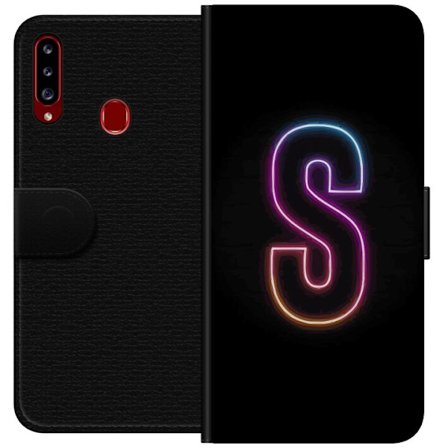 Kompatibelt Lommeboketui til Samsung Samsung Galaxy A20s Neonbokstav S i lysende rosa og blå toner mot mørk bakgrunn, stilig bokstavkunst med retrof