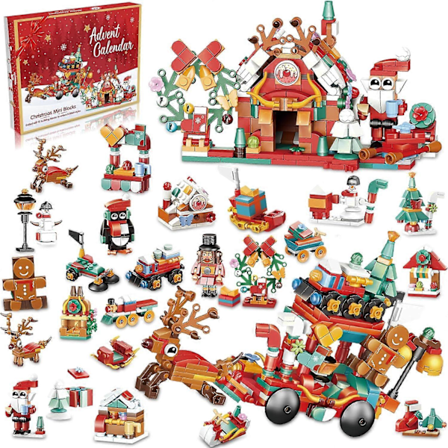 Adventskalender 2024 24 Dagers Nedtelling til Jul Byggeklosser Gaver til Barn Tenåringer Gaveboks 12 i 1 Julenissen Pepperkakehus Rein Leke