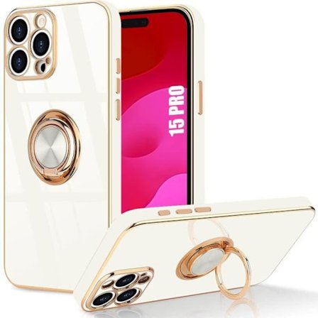 Silicone-fodral - för iPhone 15 Pro - Vit - Stöttålig - 360° Rotationsring - Vertikalt Stöd