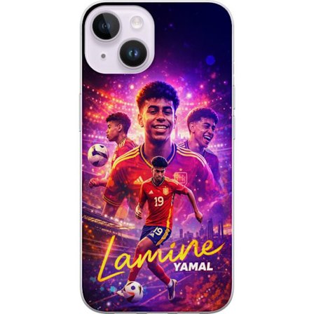 Kompatibel Mobilcover til Apple iPhone 15 Lamine Yamal fodboldplakat i spansk landsholdstrøje med dynamisk handling, farverig sportsillustration til u