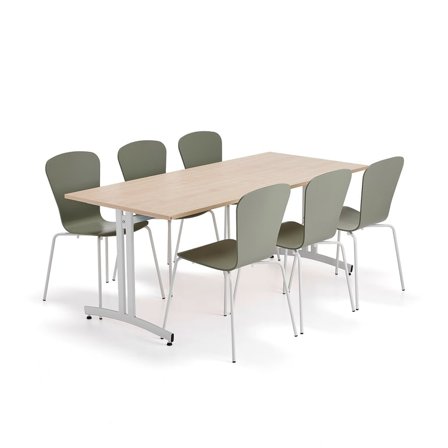 Furniture set SANNA + MILLA, 1 table and 6 chairs, white/olive green