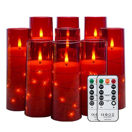 Flamlösa LED-ljus, 9 flamlösa ljus, robust akrylhölje, integrerad stjärnformad ljusslinga (röd). Röd A