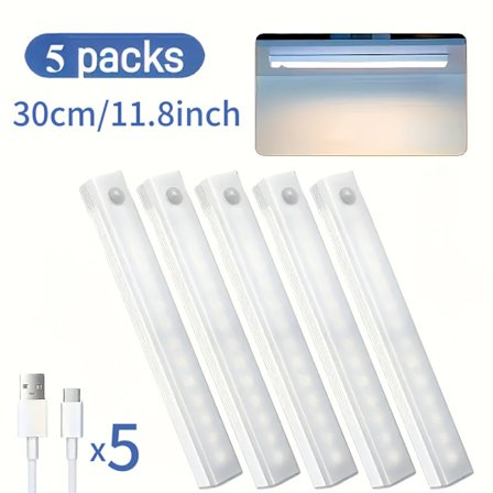 5-pak LED-strips med bevægelsessensor | USB-genopladelig, magnetisk, dobbelt farvetemperatur | Premium computertilbehør 30cm/11.8in-FD-
