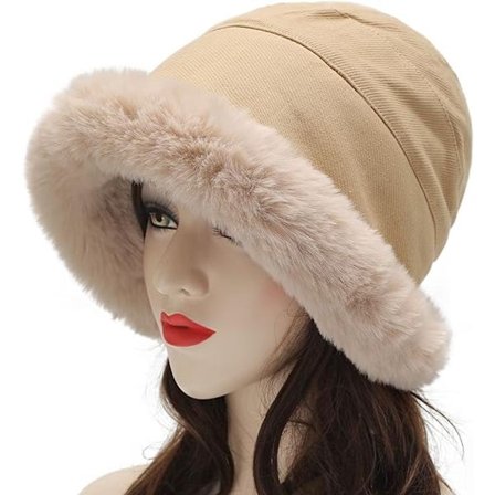 Vinterstrikket lue for kvinner med fuskepels, rullet kant, fleecefôr, varm cloche-lue til jul