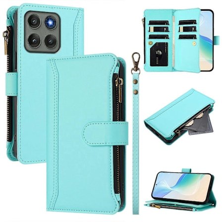 Läderfodral för Motorola Edge 60 Pro 5G med 9 kortfack, dragkedja, plånboksställ och handledsrem [BR]