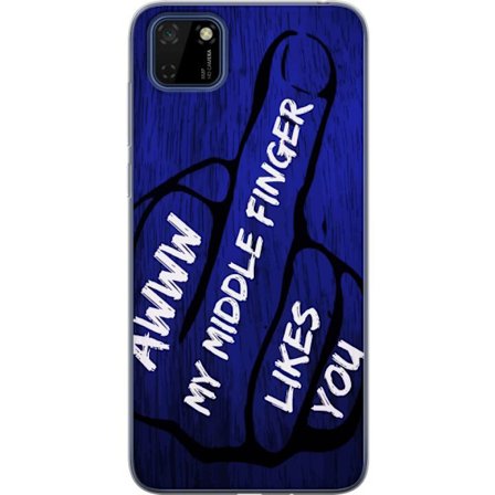 Kompatibel Mobilcover til Huawei Y5p Mørk typografisk illustration med hjerteform og budskab om venskab mod dybblå trætekstur