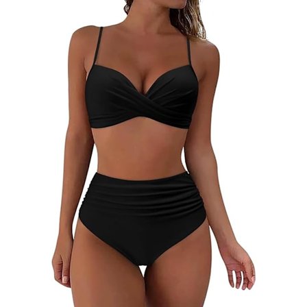 Högmidjad Bikini Set Push Up Bikini Överdel med Tummy Control Bikini Halterneck Bygel Vadderad Bikini 2 Delar