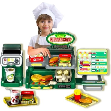 Leksaksset för barn, 35 delar, låtsaskassa, inkluderar skanner, kaffemaskin & leksaksmat, hamburgare, för barn 3+ år, Grön Hamburgarbutik