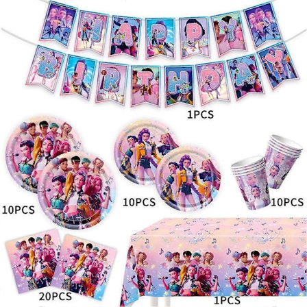 K Pop Demon Hunters Violetit juhlatarvikkeet -setti, lautaset, kupit, pöytäliinat