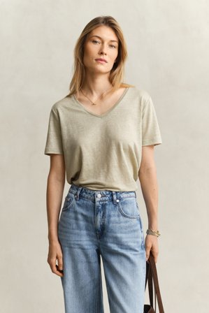 GANT Damen Leinen T-Shirt mit V-Ausschnitt (M) Beige