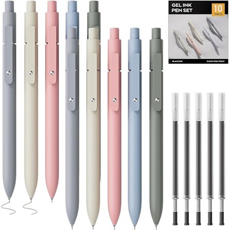 10 st söta pastellfärgade gelpennor med 5 extra påfyllningar, 0,5 mm finspetsiga pennor, snabbtorkande indragbara svarta bläckpennor, för skol- och 