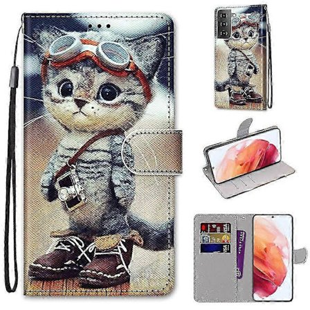 For Samsung Galaxy S21 5G Farget Tegning Kryss Tekstur Horisontal Flip PU Lærveske med Holder & Kortspor & Lommebok & Lanyard[D]