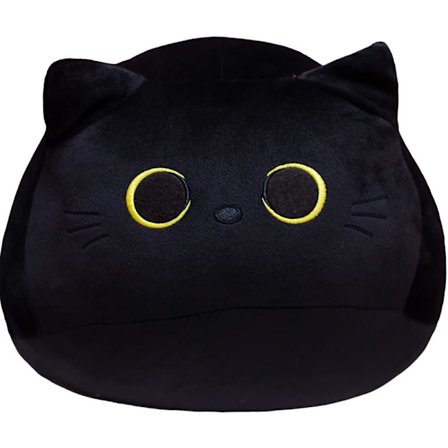 Sort kat plys pude, blødt krammedyr, velegnet som fødselsdagsgave til drenge og piger