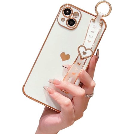 Case kompatibelt Iphone 15 Pro med armband Söt Love-heart-plätering 15 Pro - case Stötsäkert