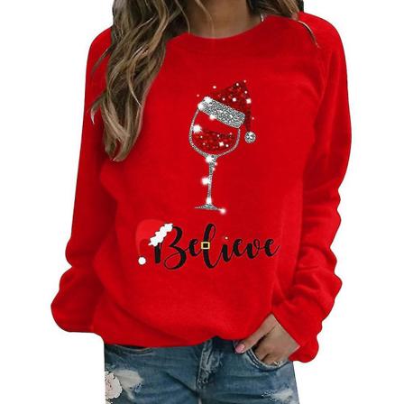 Jul Kvinder Langærmet T-shirt Xmas Print Casual Løse Toppe Bluse Red M