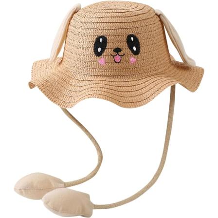 Barnehage Baby Bunny Hat med bevegelige ører Kanin Halmhatt Hoppende Øre Morsom Søt Cap Bred Bremskjerm Solhatt