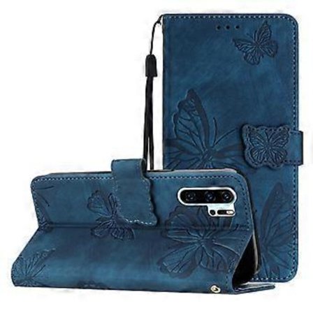 Kompatibel med Huawei P30 Pro preget sommerfugl-deksel med lommebok og stativ - Blå