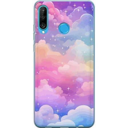 Kompatibelt Mobildeksel til Huawei P30 lite Søt enhjørning med regnbuefarget hår mot en stjernebelagt pastellbakgrunn i kawaii-stil