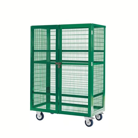 Mobile storage cage, steel shelves, 1655x900x600 mm, green