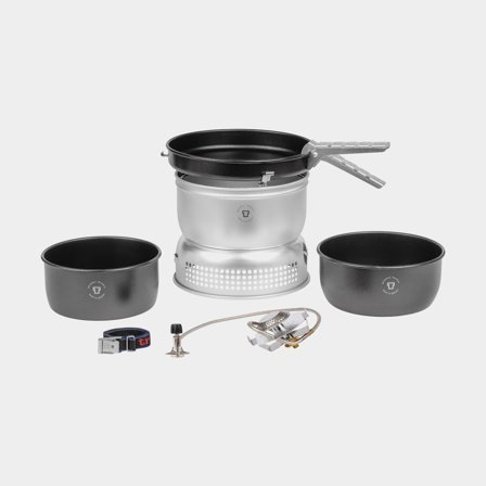 Plynový vařič / vařič do bouřky Trangia 25 Large, 2100 W + 2 kotlíky, 1 pánev s NS / Non Stick teflonem + závětří z UL / UltraLight hliníku + kleště +